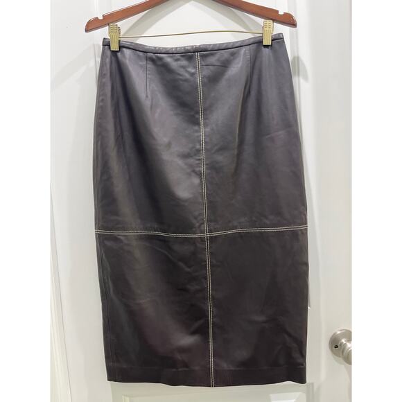 Lafayette 148 New York Chocolate Brown Leather Midi Pencil Skirt Sz 8 - Picture 1 of 7
